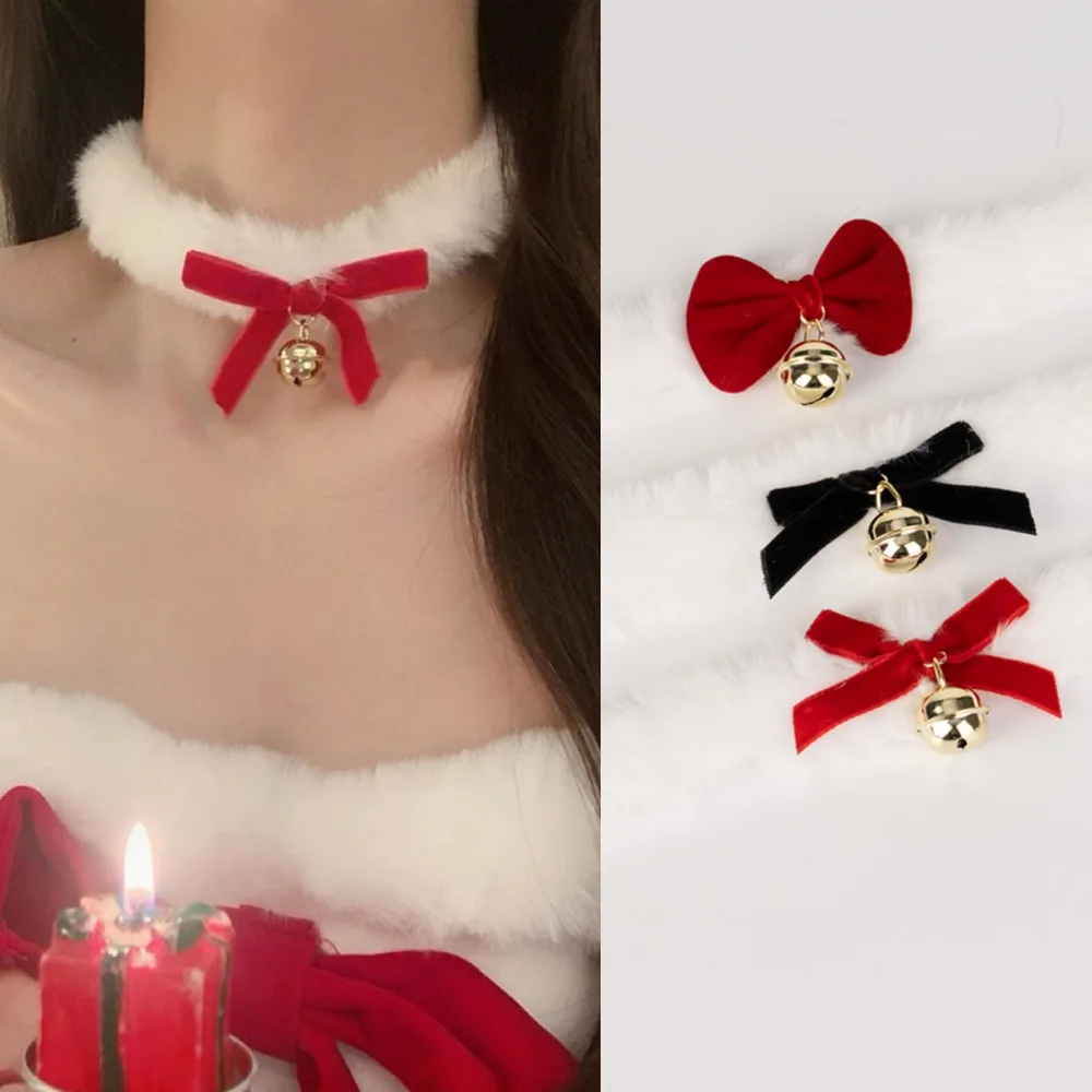 Christmas Plush Bell Bow Velvet Choker Necklace for Women Winter Cute Ribbon Tie Collar Holiday Lolita Sweet Neck Jewelry