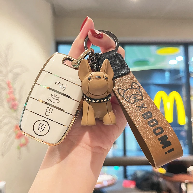 4 Button Car Key Case For Kia Soul Carnival Sedona NIRO Sorento Sportage Rio Forte Optima Cerato Koup With Cute Bulldog Keychain