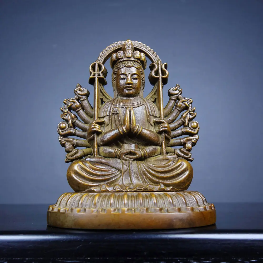 Chinese Antique Boxwood Carved Two-Sided Thousand Armed Guan Yin Statue Decor