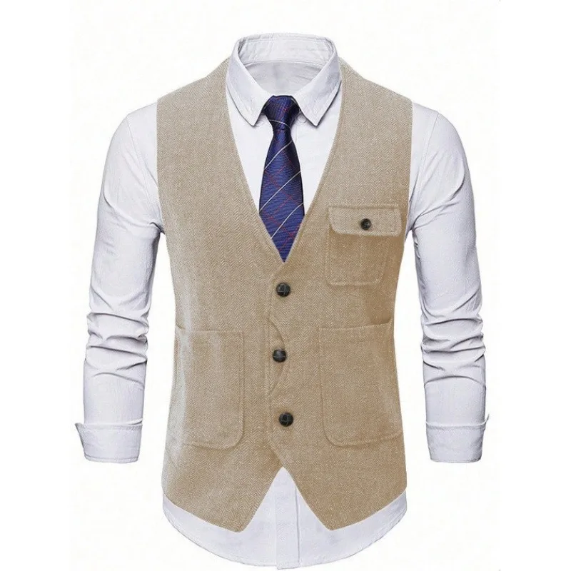 KIDWHXR Suit Vest Man Vintage Single-breasted Pocket Male Waistcoat Slim V-neck Sleeveless Business Casual Versatile Men Vest