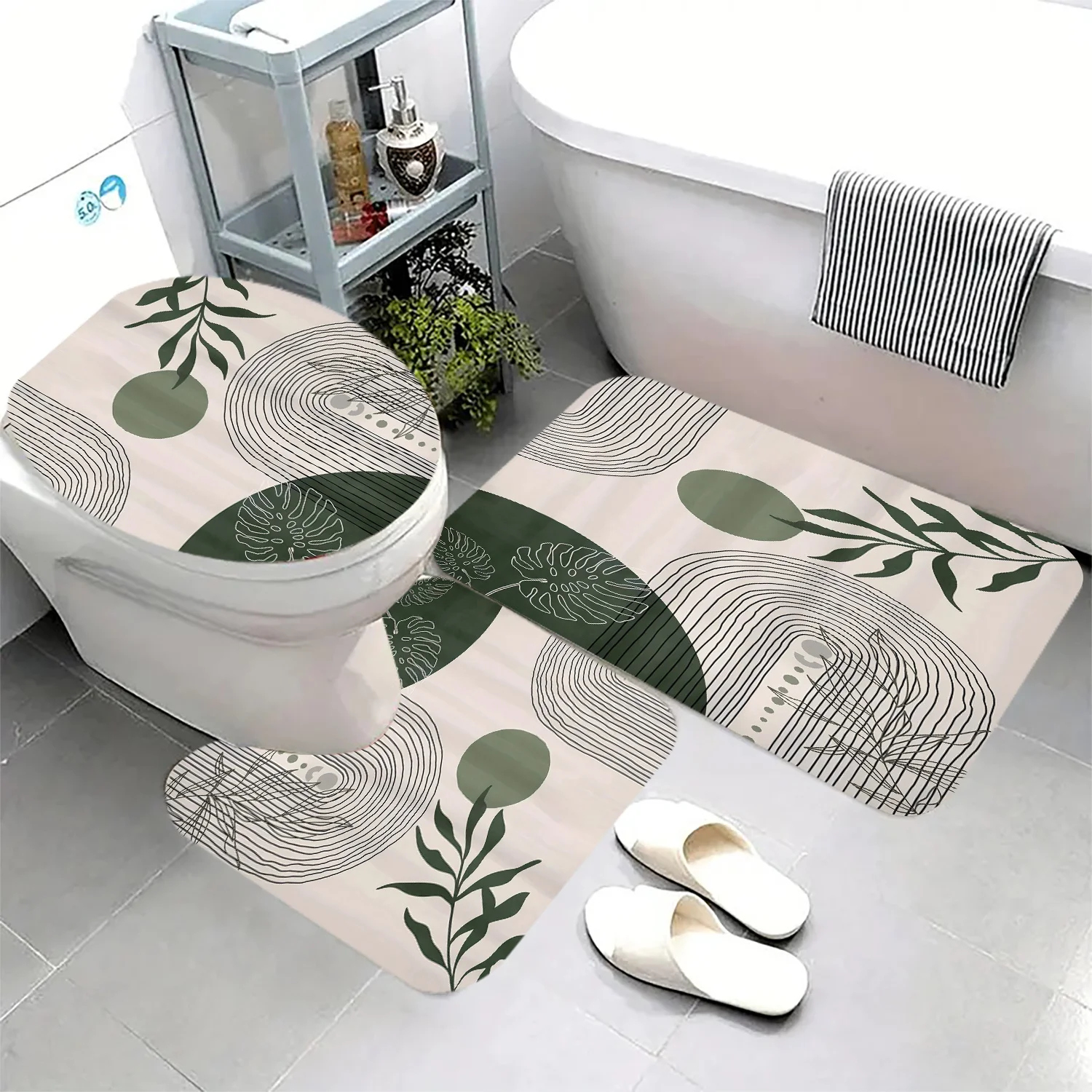 

3-piece set of polyester digital printing, polyester fabric, machine washable, non-slip mat, U-shaped mat, toilet seat mat