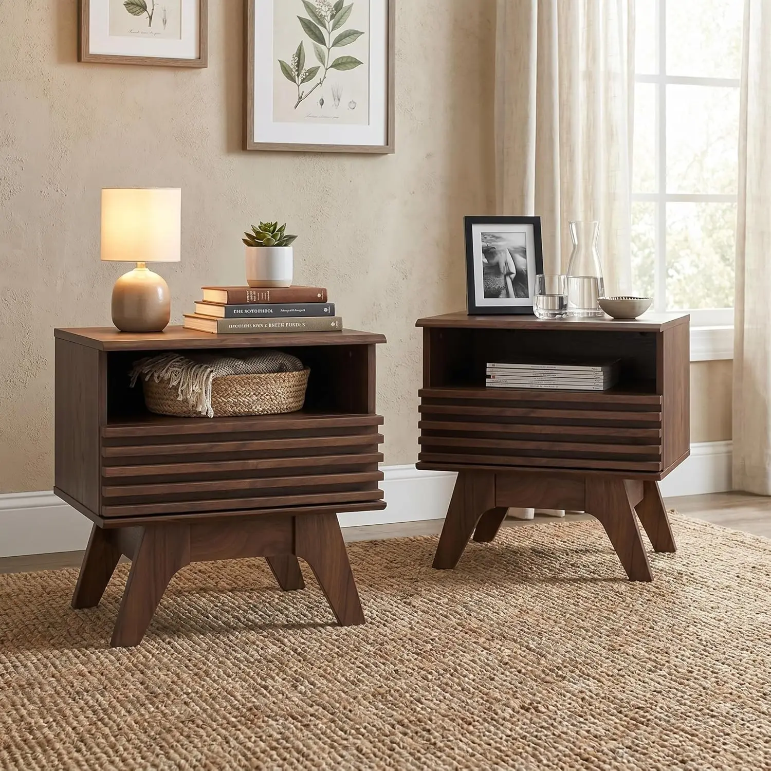 

18 9 Wide Fluted Nightstand Set of 2 End Table with Drawer and Open Shelf Mid Century Modern Side Tables with Legs Bedside