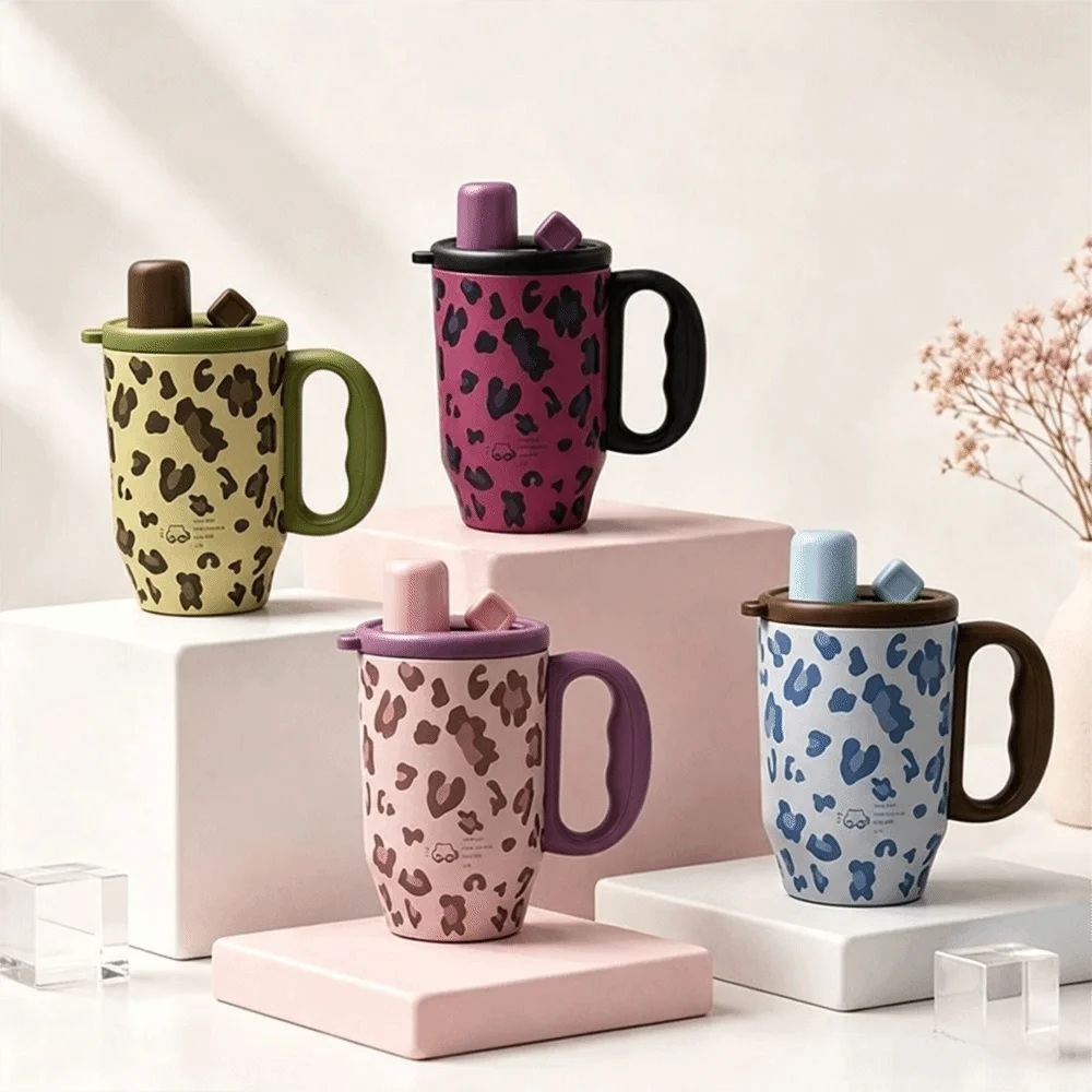 New Leopard Print Insulated Tumbler 750ml Insulated Stainless Steel Tumbler with Handle and Straw Portable Straw Tumbler Car Use
