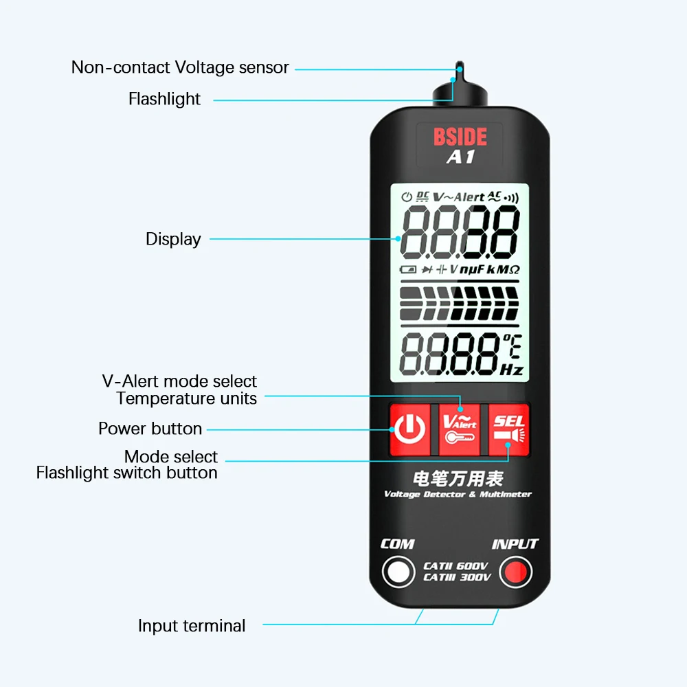 Spanningsdetector Multimeter Slimme mini-multimeter met LED-zaklamp LCD Digitaal 2000 tellingen DC/AC-spanning Frequentieweerstand