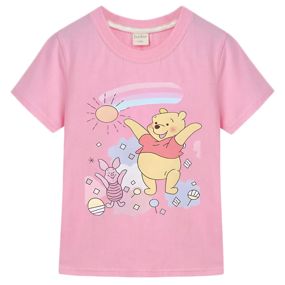 Winnie Bear Cartoon Print Cute Kids T Shirt Kawaii Girls T-shirt Children's Clothes 2024 Summer Short Sleeve Baby Boys Tops