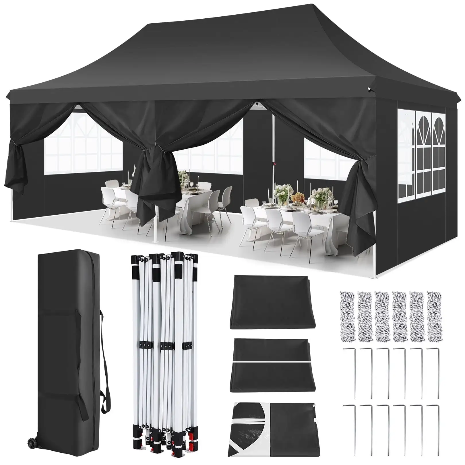 Pavilion Pop-up Gazebo 3x6m Waterdichte Opvouwbare Gazebo Tent Feesttent met 6 Zijpanelen UV 50+ In hoogte verstelbaar 2-3M