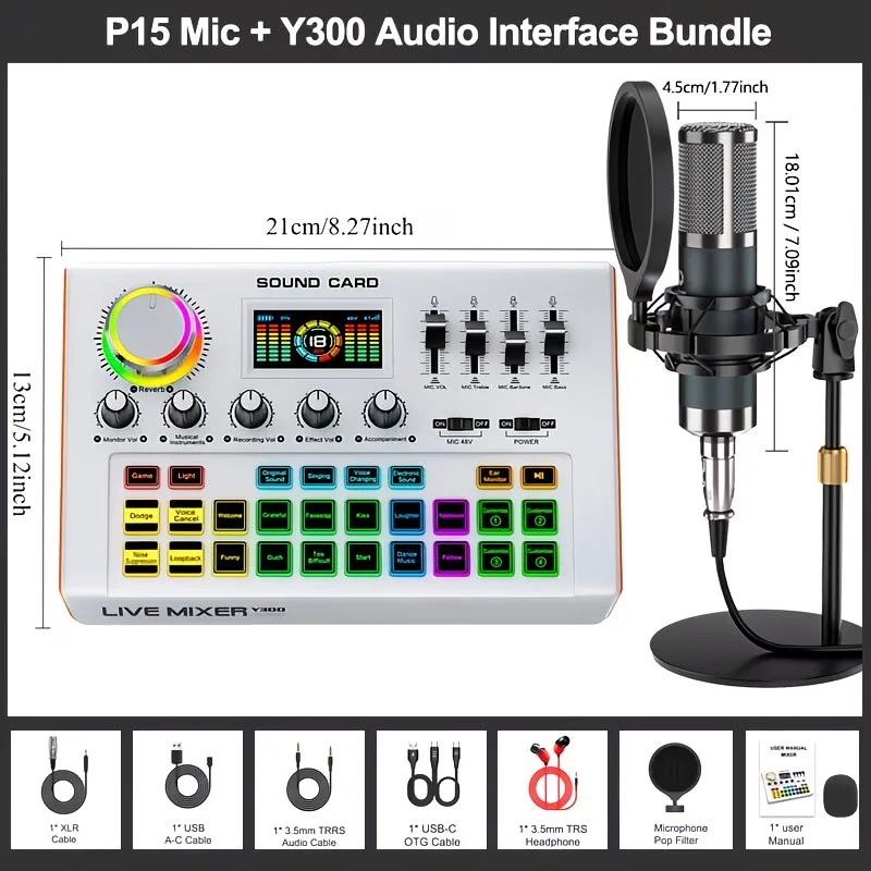 Tenlamp Professional Podcast Equipment Bundle Kit for 4 People, Studio Sound Card with 3.5mm Condenser Mic (Y300-P15B) for PC Smartphone Laptop Computer , Live Audio Mixer Voice Changer for Streaming Singing Gaming Recording Vlog YouTube view 8
