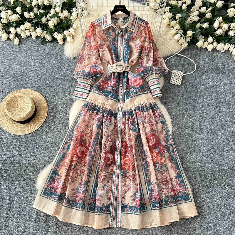 New Retro Court Printed Lapel Lantern Sleeve Cinched Waist Single Breasted Dress Women's Long Sleeved Elegant Long Dress A299