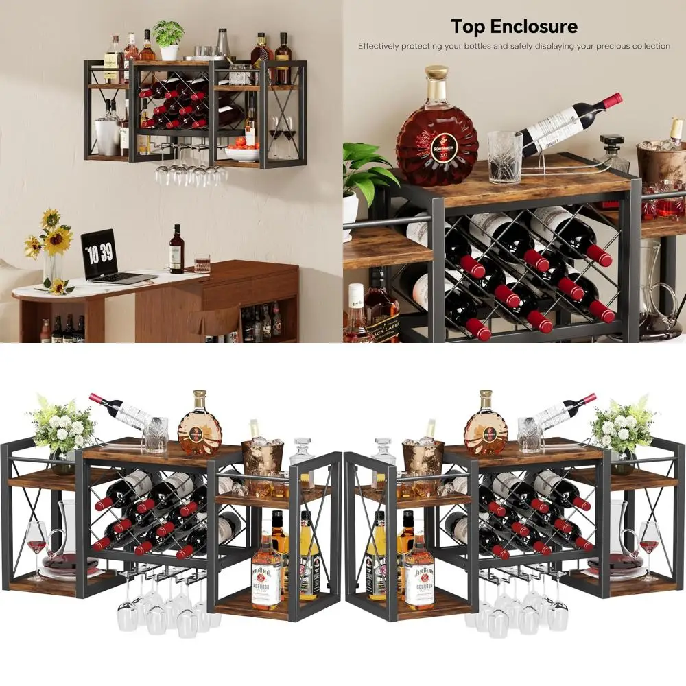 

Rustic Wooden and Metal Wall-Mounted Wine Rack with Glass Holder for Kitchen, Dining, and Home Bar Display