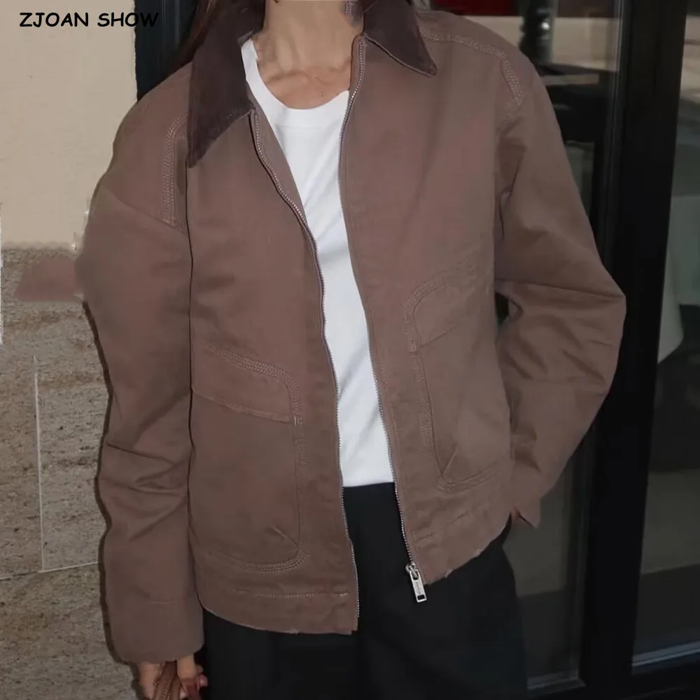 

2025 винтажное осеннее женское пальто сафари контрастного цвета с лацканами спереди, 2 кармана, открытая молния, хлопковая куртка с длинными рукавами, свободная верхняя одежда