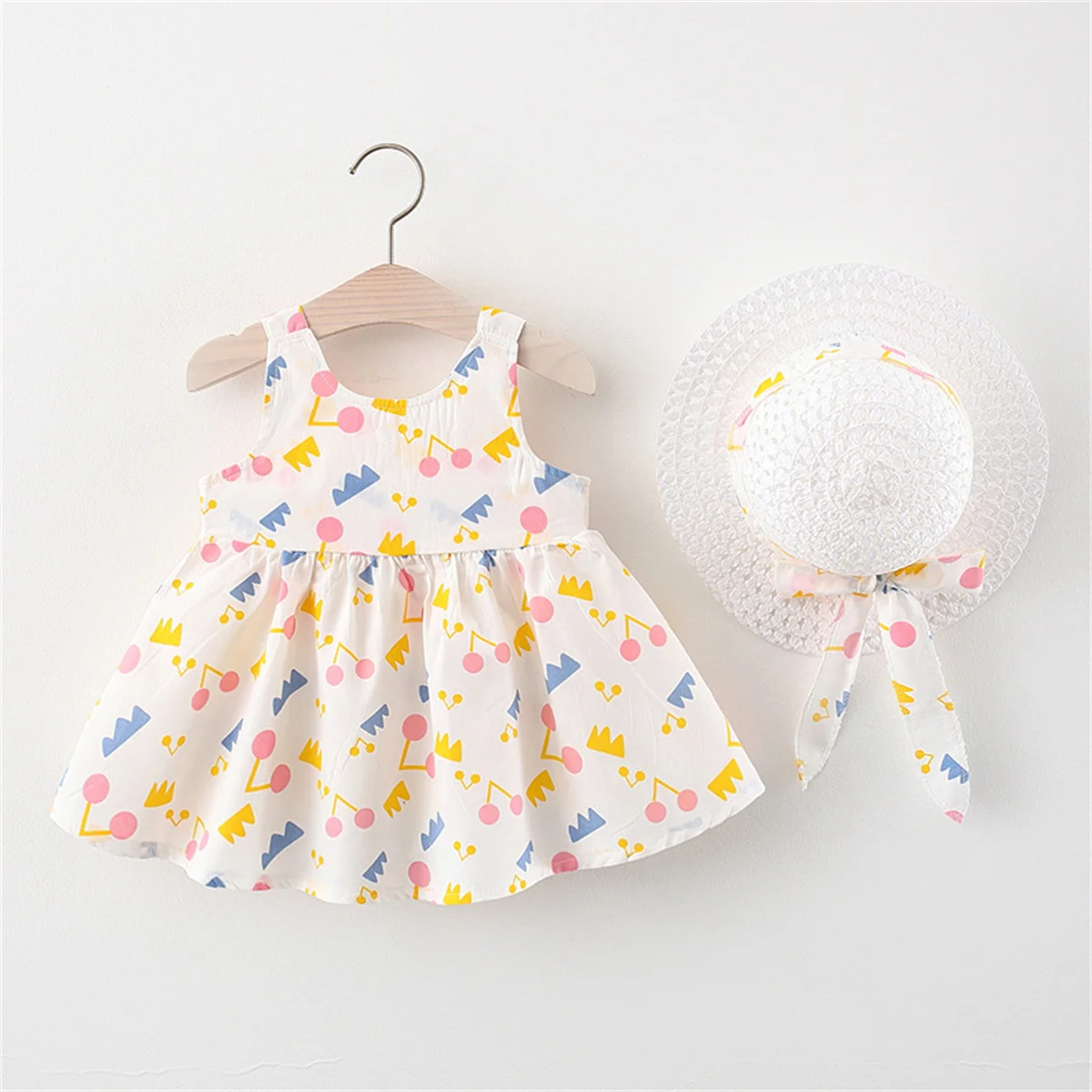 2-Piece Baby Beach Cotton Dress And Hat Baby Girl Back Small Wing Printed Sleeveless Dress Children\'S Casual Set