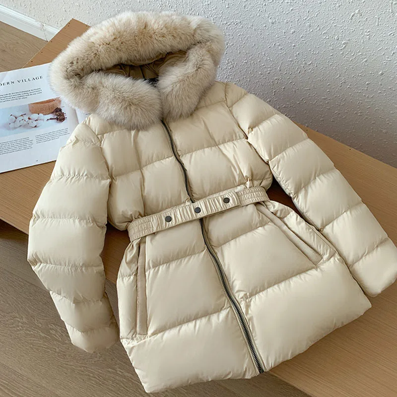 Casaco fino de luxo para mulheres, casaco com capuz quente, glamoroso colarinho de cabelo raposa, leve, alta qualidade, novo, inverno, Y242, 2024