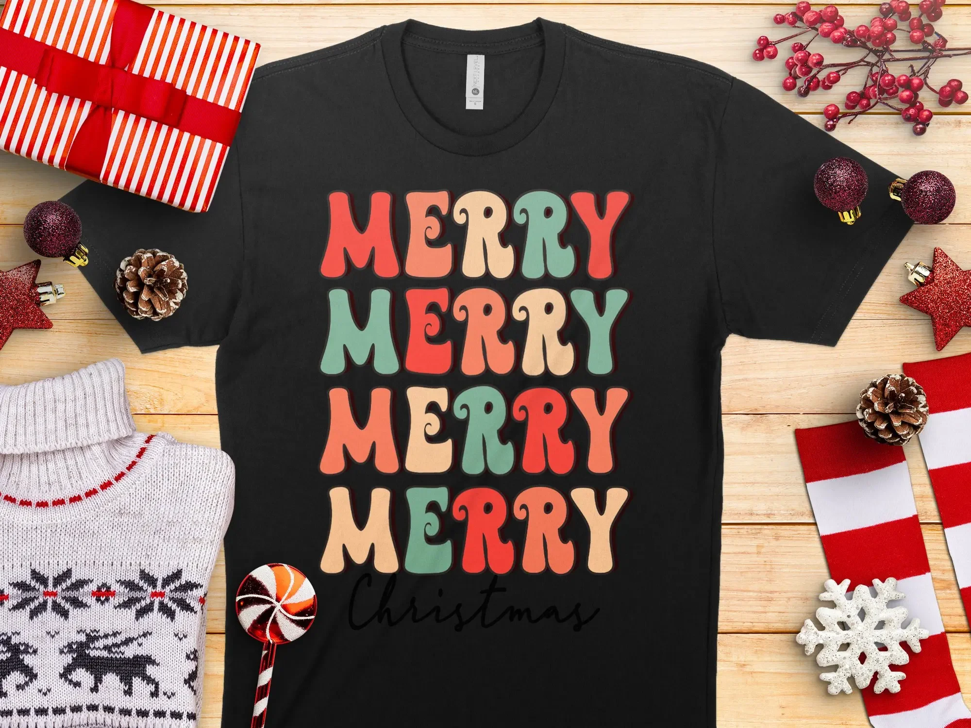 Merry Christmas 2 Retro Vintage Print T Shirt Winter Wonderland Secret Santa Holiday Present For Her