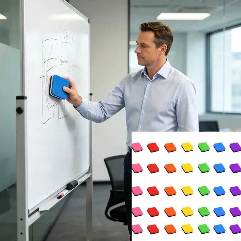 35 Piece Whiteboard Erasers with Layered Wiping Face, 7 Assorted Colors for Organized Use on Whiteboards and H8WD