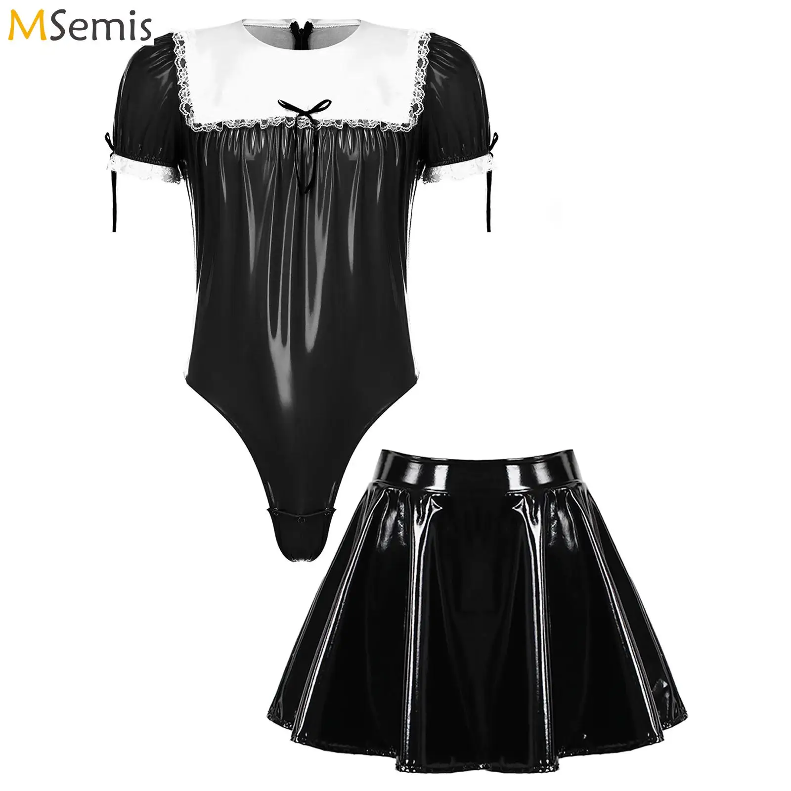 

Mens Maid Costume Wetlook Sissy Patent Leather Bodysuits Puff Sleeve Pajamas A-Line Flared Skirt Crossdressing Lingerie Outfit
