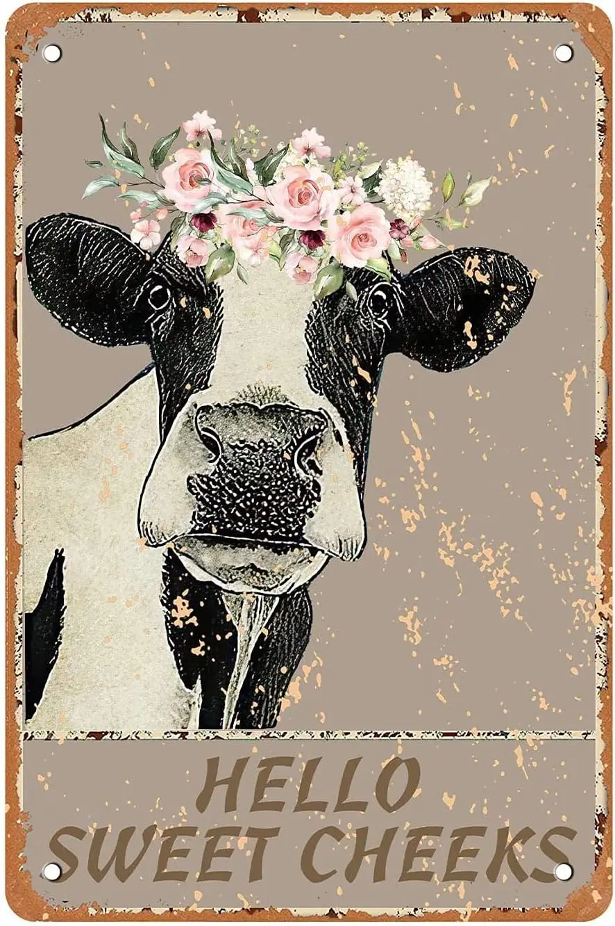Sweet Cheeks Cow Hello Decorative Funny Cheeky Cute Tin Sign Wall Decor Vintage Retro Poster Paintings Decoration Home Bedroom L