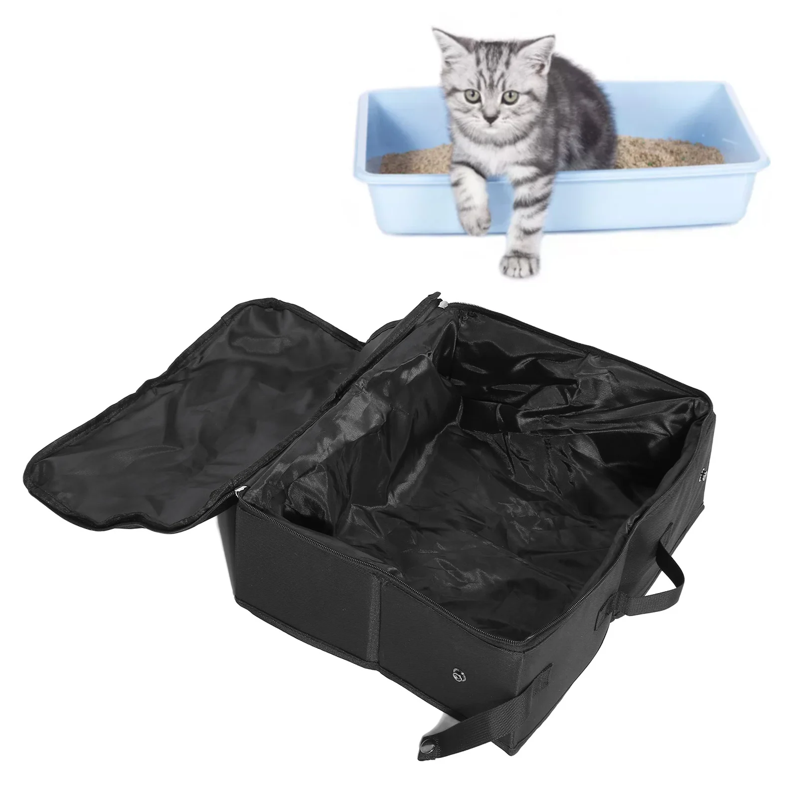 Portable Cat Travel Litter Box with Lid Leakproof Waterproof Collapsible Cat Litter Box with Sealed Dual Zippers Cat Litter Box