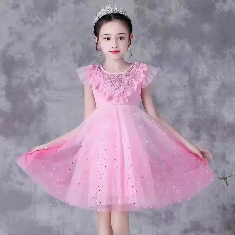 Vestido de Princesa para Meninas com Renda, Manga Curta, Lantejoulas e Tule, Vestido Formal para Festa de Aniversário, Casamento e Damas de Honra, Ves