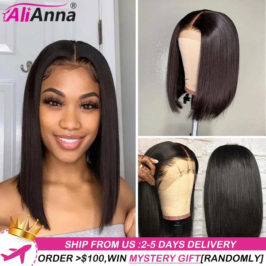 AliAnna-Peluca de cabello humano liso brasileño, postizo de encaje frontal transparente, corte Bob corto, Se puede teñir