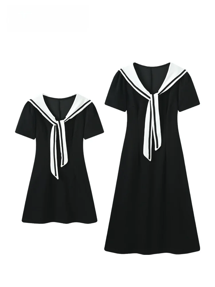 

Summer New plus Size Women's Dress Short Sleeve Naval Collar College Style Frock for Plump Sister Cotton Blend Slim Fit