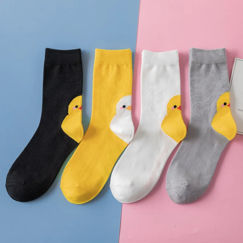 Women Socks Little Yellow Duck New Japenese Korean Style Pattern Kawaii Cute Harajuku Happy Colourful Short Cotton Socks Spring