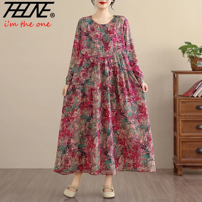 

Весеннее платье THHONE для женщин, больших размеров, с принтом, из хлопка и льна, с длинным рукавом, круглым вырезом, в стиле бохо, свободное, винтажное, повседневное, корейское, Vestido Feminino