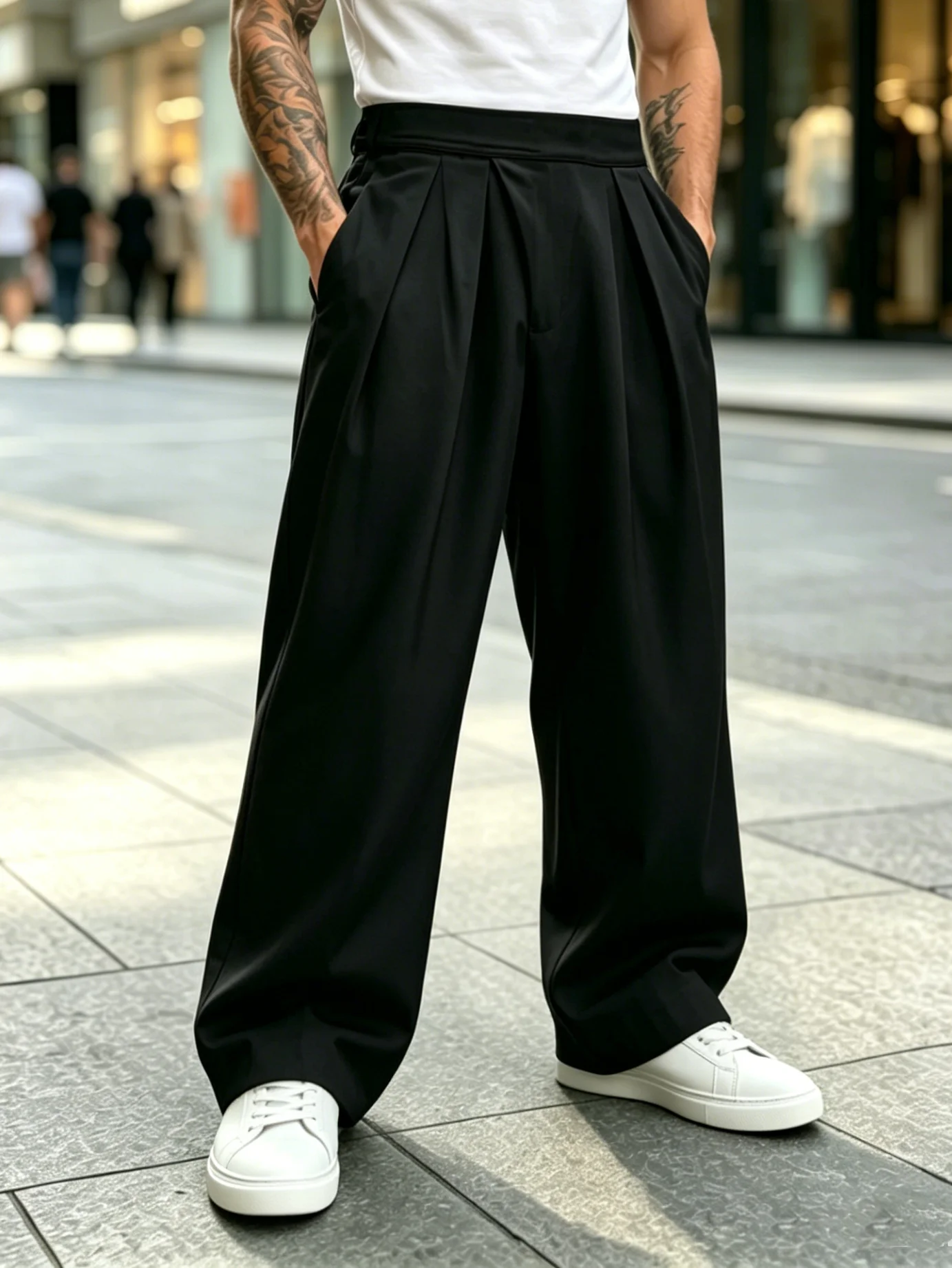 Black Double Pleated Wide Leg Suit Pants Men High Waist Draping Loose Straight Floor Length Casual Dress Pants Versatile for Com