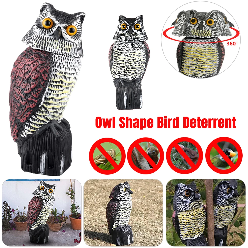 Large Realistic Owl Decoy Deterrent Bird Pigeon Crow Scarer Statue Rotating Head