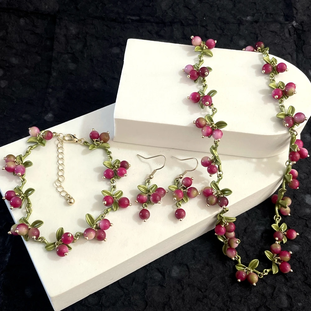 Novo retro floresta francesa planta cozida pintura flor berry cranberry pedra natural brincos pulseira colar conjunto