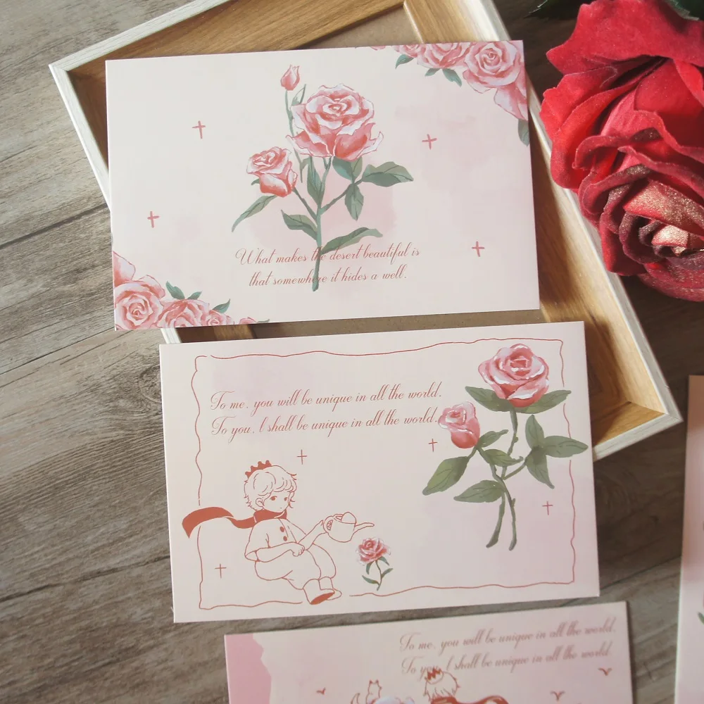 15pcs Soft Pink Rose with Little Prince Style Card As Party Invitation DIY Decoration Gift Card Message Card Postcard