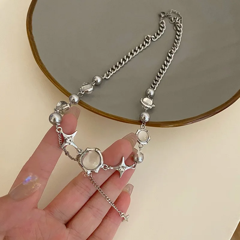 Funkelnde Mondlicht-Stein-Anhänger-Halskette für Frauen, Sternenlicht, unregelmäßige lange Quastenkette, Halsreifen, Accessoires, Modeschmuck – Detail 9