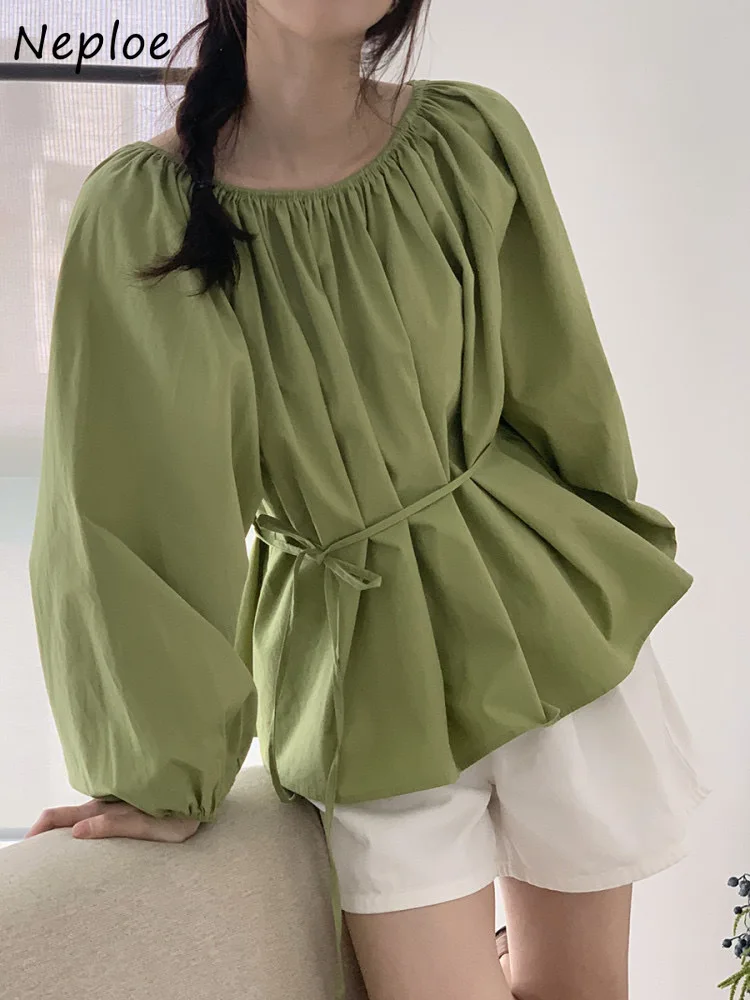 Neploe Elegant Fashion O-neck Lace Up Blouses 2024 Early Autumn New Green Shirts Women Y2k Long Sleeve Loose Blusas Mujer