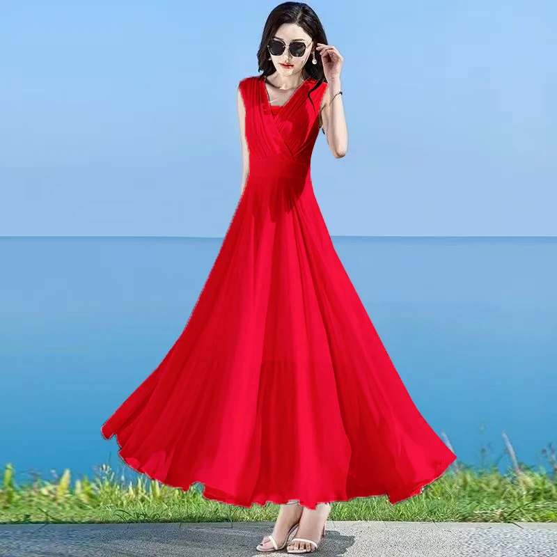 Abito estivo bianco da donna Abito lungo da spiaggia in chiffon Boho senza maniche con scollo a V Abiti da sera da ballo a trapezio