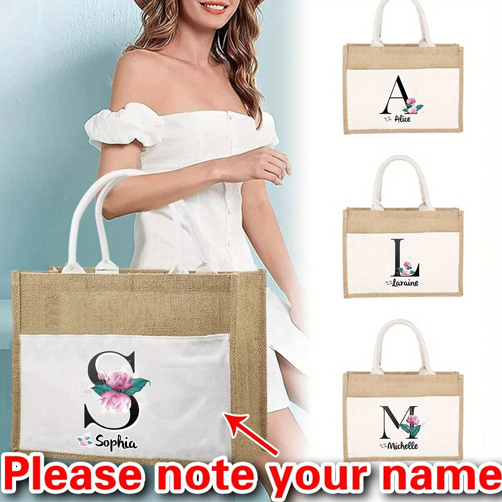 Customizable Name Hemp Cloth Handbag Linen Shoulder Bag Women's Shopping Bag Grocery Shopping Bag Pink Black Letter Pattern