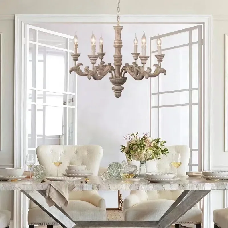 Vintage Grey Wooden Chandelier 6 Lights Bedroom Dining Room Hanging Lighting French American Wood Pendant Lamps in Living Room