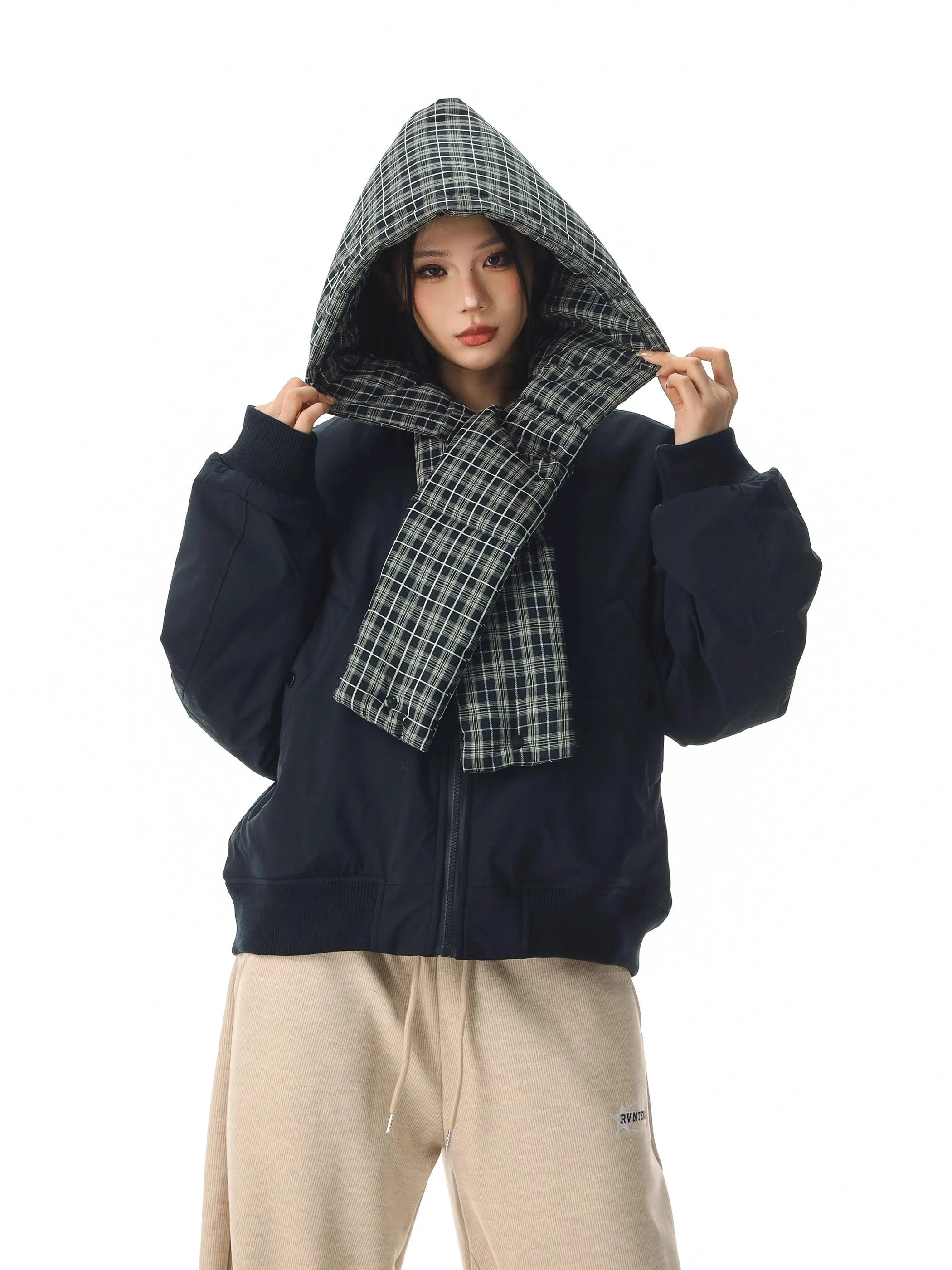 

Ретро-куртка в американском стиле с капюшоном, имитация двухслойности, из хлопка, свободного кроя, теплая, с шарфом, модная, для зимы