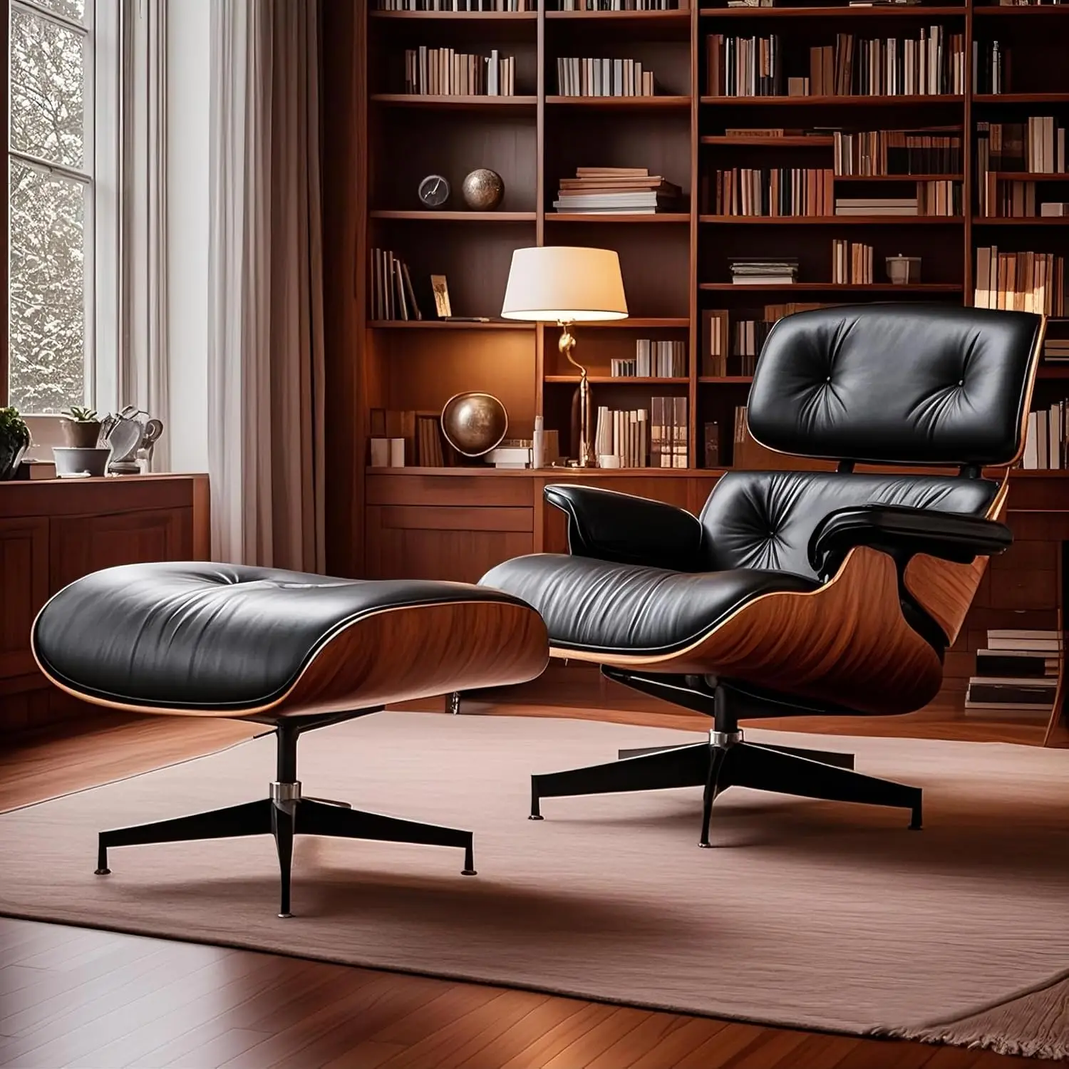 Loungesessel mit Ottomane, moderner Bürostuhl aus der Mitte des Jahrhunderts, Leder-Chaiselongue für den Innenbereich, robuste Basisstütze für das Arbeitszimmer im Wohnzimmer