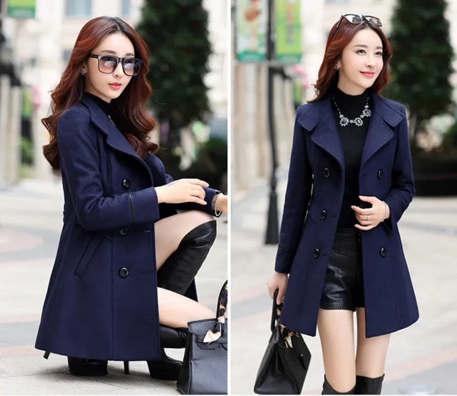 Women New Double-breasted Mock Wool Coats Autumn Winter Slim Solid Colors Blends Coats Fashion Warm Trench Office Lady Jackets