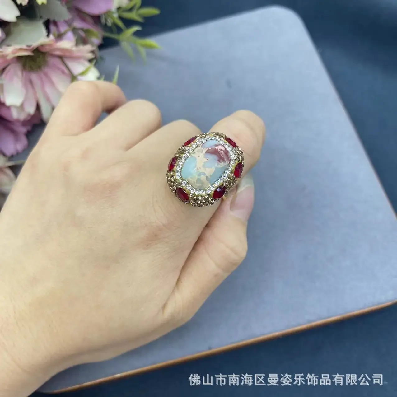 Shoushan stone jewelry inlaid with ruby adjustable ring natural stone popular jewelry accessories