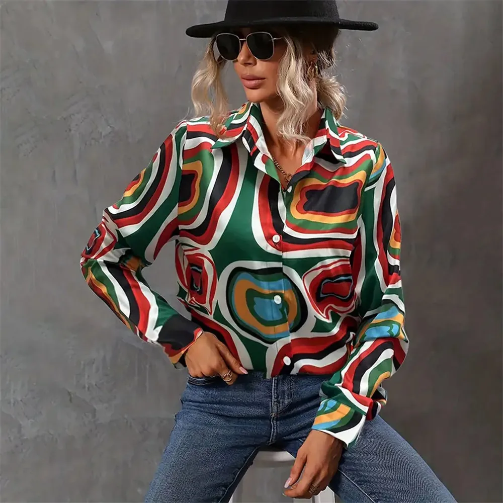 Summer Shirts Fashion Colorful Printed Ladies Plus-Size Lapel Button-Down Shirt Elegant Women Blouses Casual Long Sleeve Tops