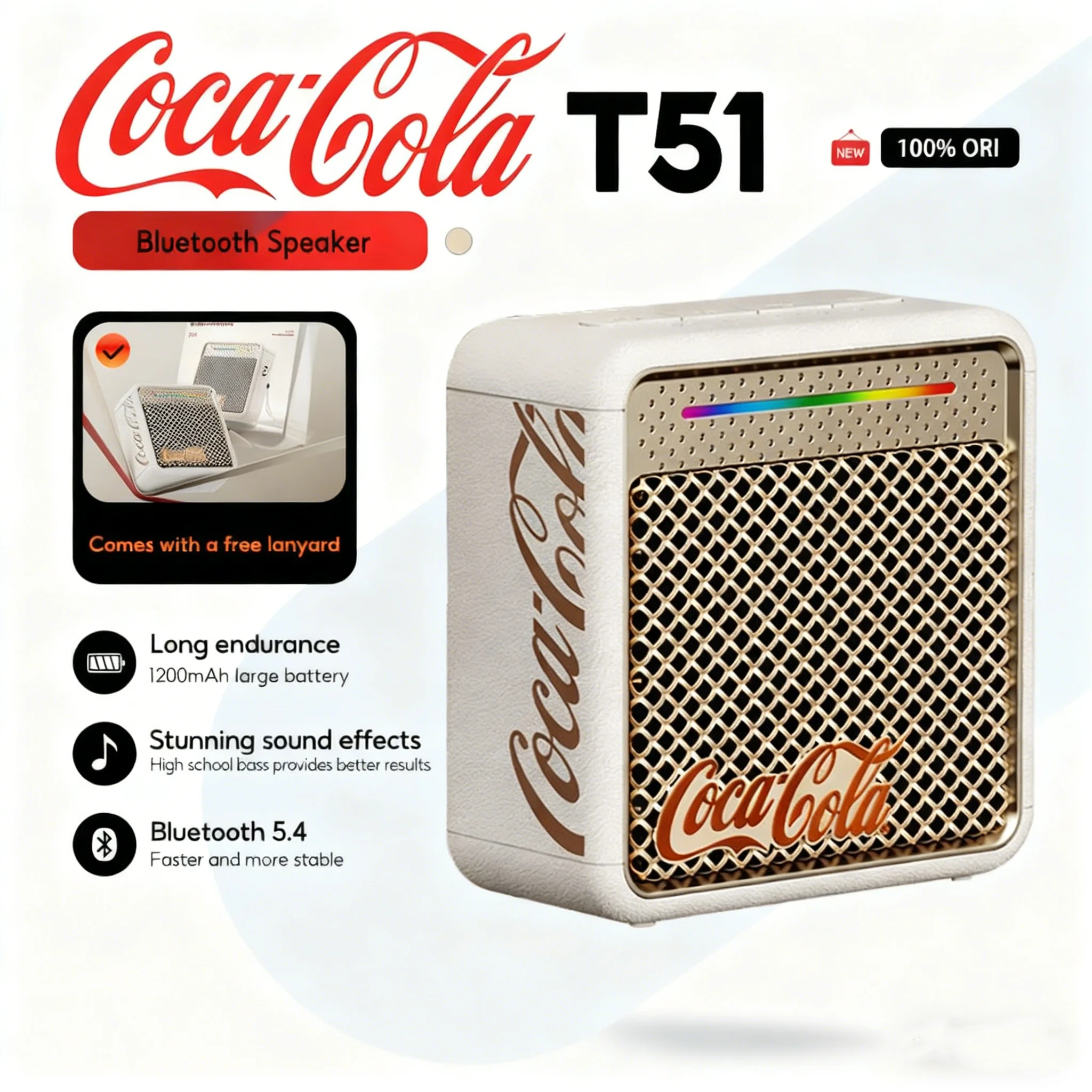 Coca-Cola T51 Bluetooth 5.4 Mini tragbarer kabelloser Outdoor-Lautsprecher HiFi-Klangqualität Lange Akkulaufzeit TWS Stereo RGB-Licht