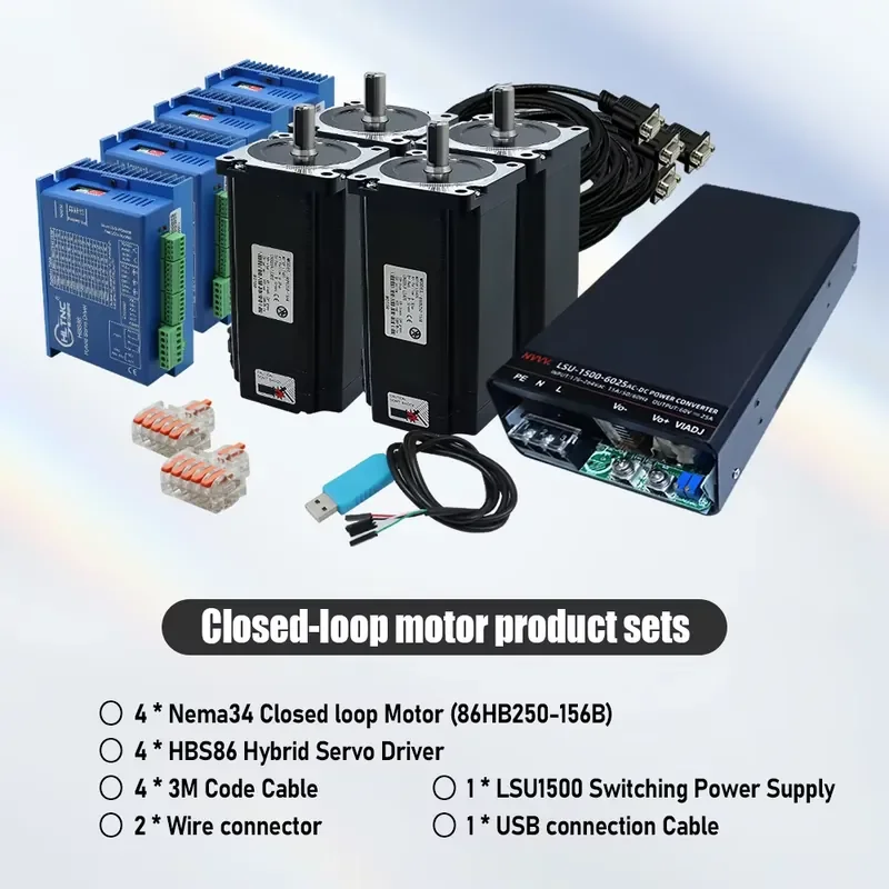 Closed Loop Stepper Motor Set 86HB250-156B with Driver HBD86 and Switching Power Supply and Cables for CNC Control System or