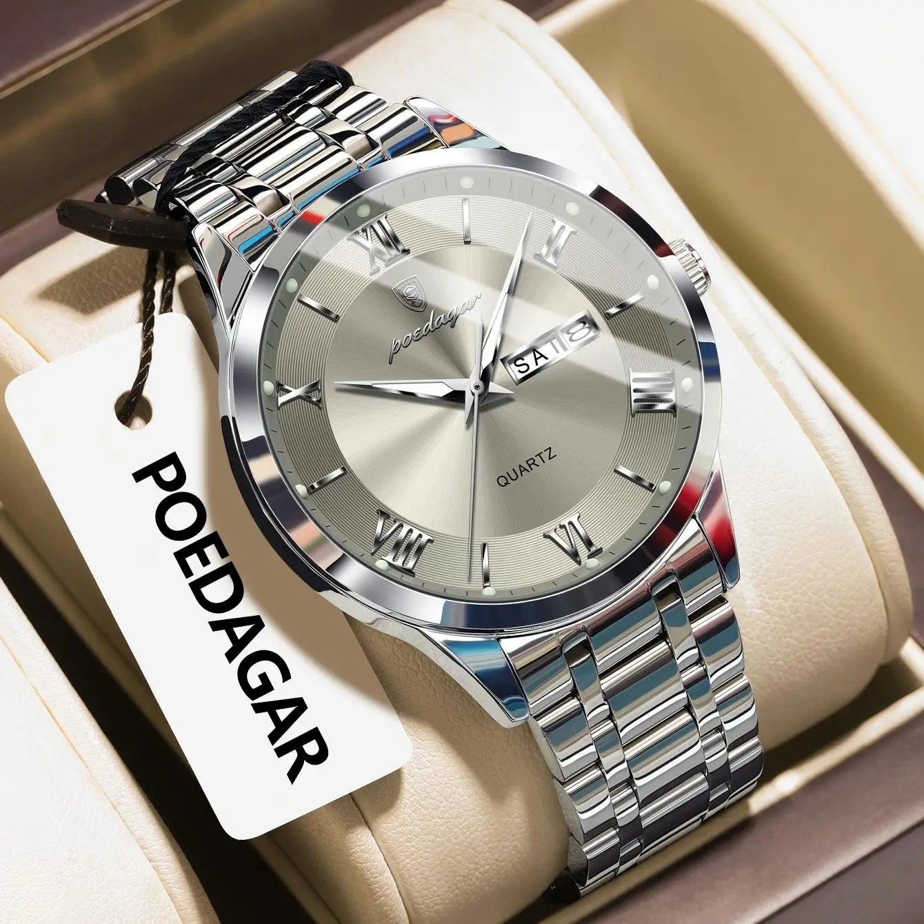 

POEDAGAR модные роскошные мужские наручные часы водостойкие светящиеся мужские часы с датой недели спортивные мужские кварцевые часы из нержавеющей стали Reloj