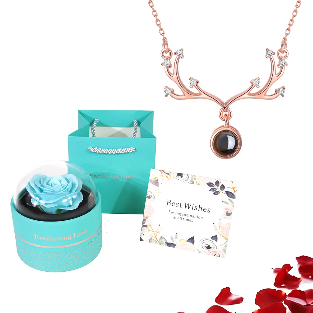

100 Languages Love You Projection Necklaces Pendant With Luxury Rose Flower Gift Box For Women Christmas Mother Romantic Jewelry