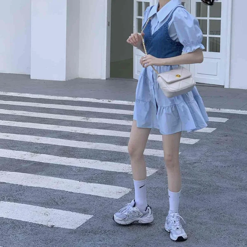 Canotta in Denim coreano stile Preppy donna colture Retro Streetwear Solid College Slim Femme All-match semplice Casual primavera estate