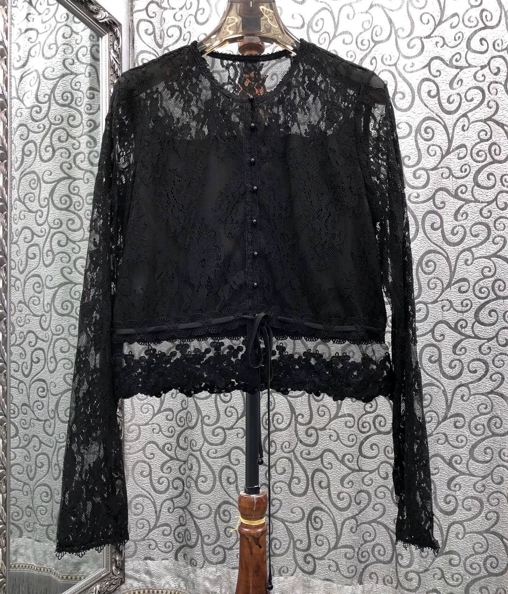 High Quality New Lace Blouses 2026 Autumn Style Women Allover Flower Patterns Long Sleeve White Pink Black Sexy Lace Tops Shirt