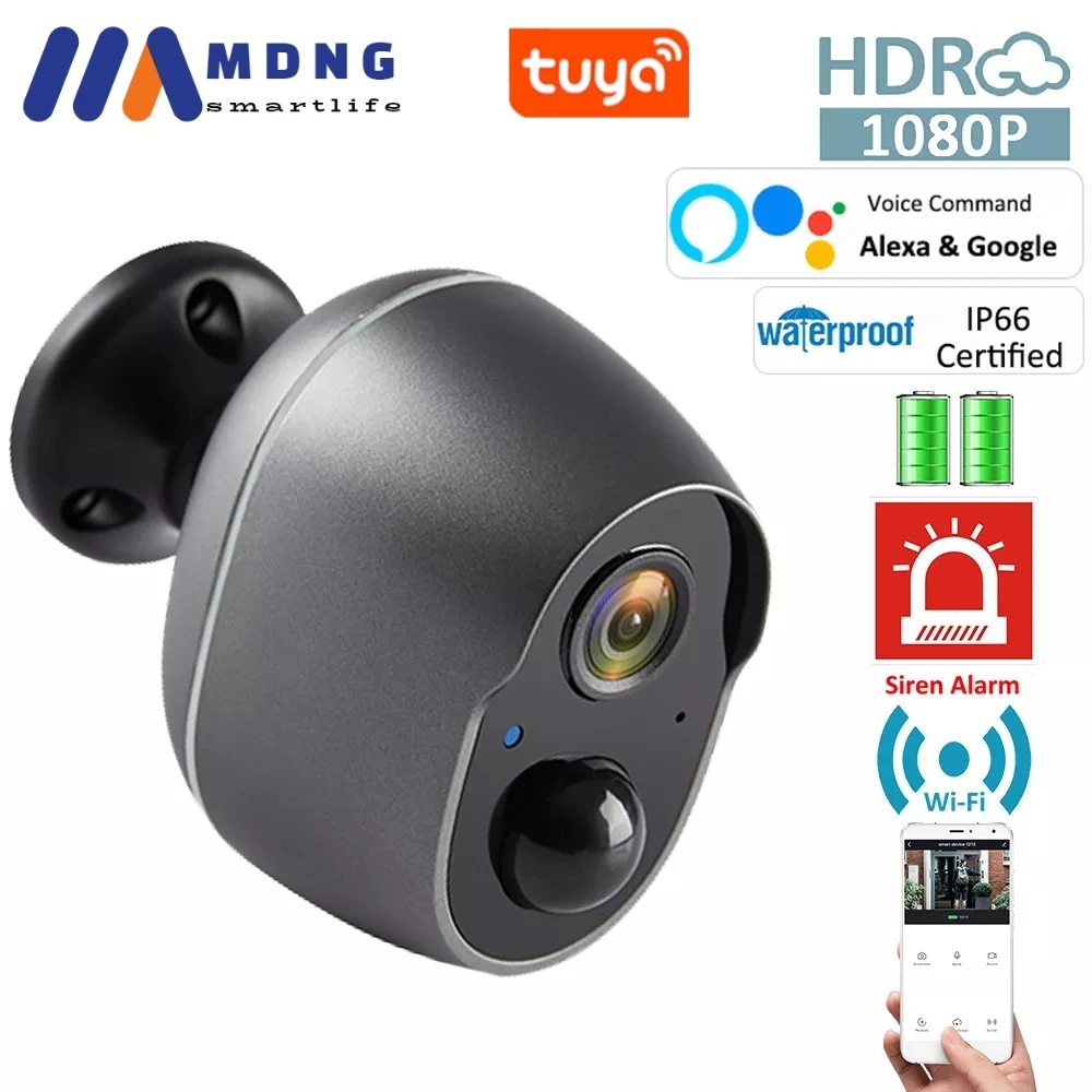 

Tuya Smart Life 5200mAh Rechargeable Battery IP65 Outdoor Wireless WIFI 1080P IP Surveillance Siren Battery Camera Alexa Google