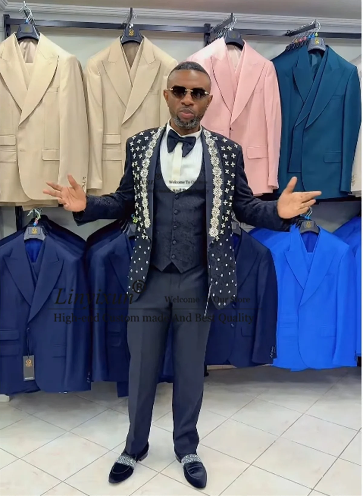 

Sparkly Men's Suit Metal Embellished Beaded Tuxedo 3 Pieces Sets Customized Wedding Groomsmen Blazer Outfit Slim Fit Ropa Hombre