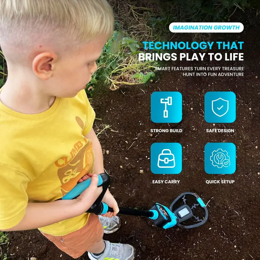 كاشف معادن خفيف الوزن للأطفال مع جذع قابل للتعديل، شاشة عرض عمق LED، ملف بحث مقاوم للماء، مجرفة، أشعل النار
