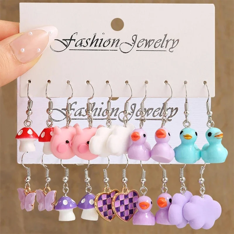 Colorful Butterfly Heart Cartoon Dangle Earrings Set For Women Girl Kids Cute Duck Clouds Resin Drop Earring Jewelry Accessories